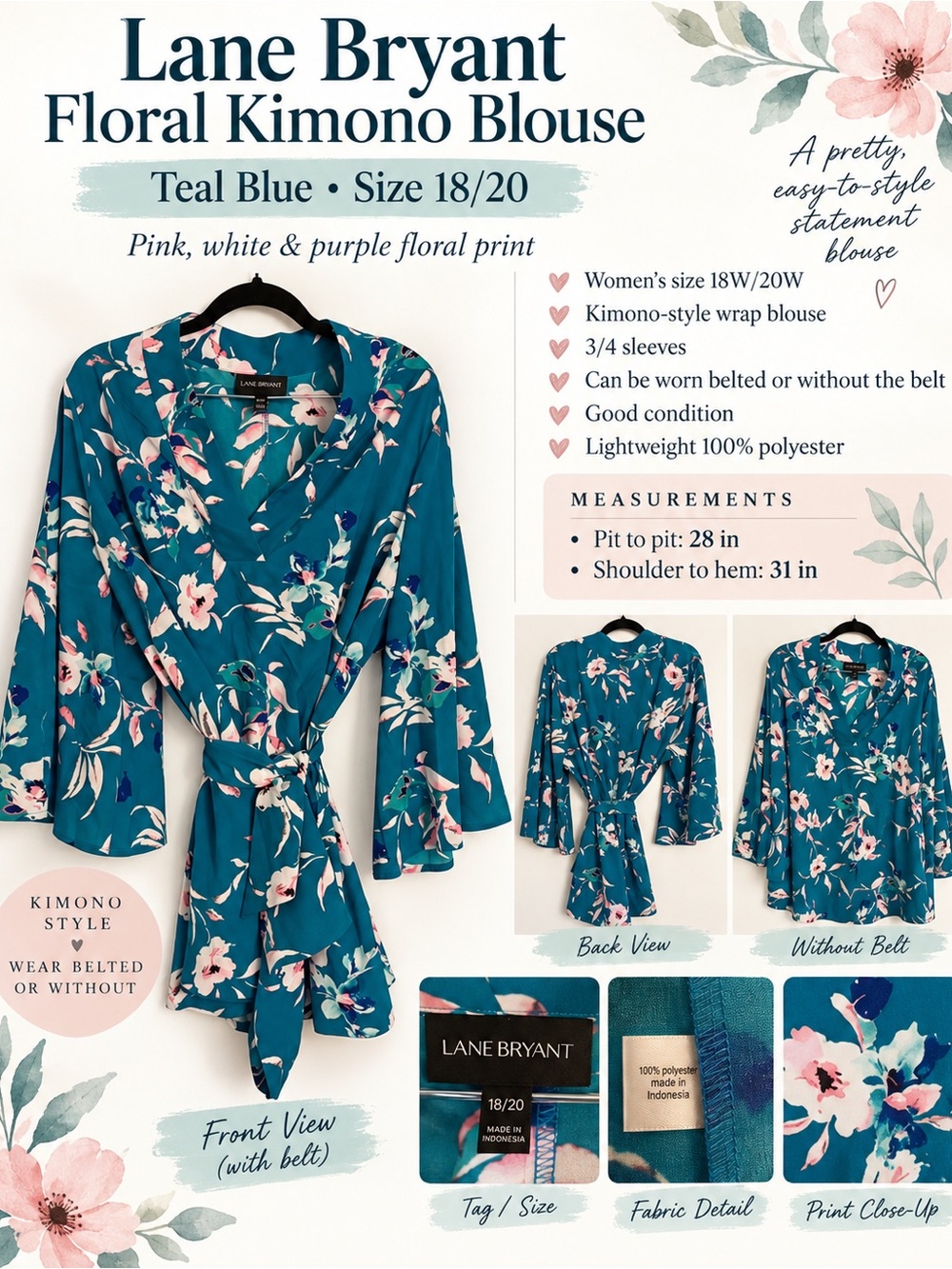 Lane Bryant Women’s Teal Blue Floral Kimono Wrap Blouse (18/20)
